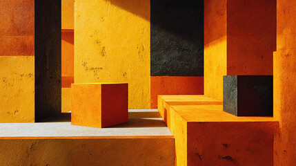 A mesmerizing architectural design, showcasing an arrangement of vivid orange and yellow blocks
