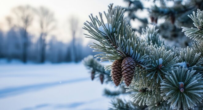 Snow covered pine branch with pine cones in winter landscape, frosty trees in the background - Powered by Adobe