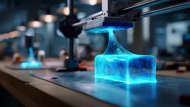 Captivating Visuals of Advanced 3D Printing Technology Showcasing a Glowing Blue Object in Motion with Streams of Light Emphasizing Innovation in Manufacturing Processes