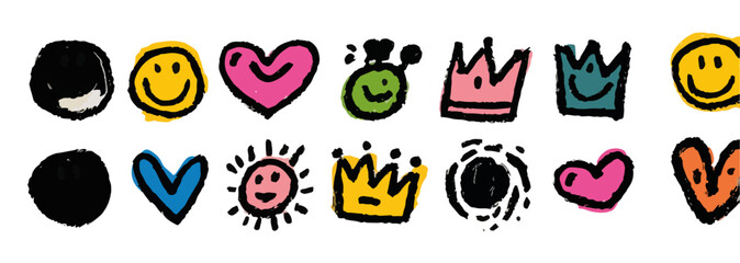 Kolorowe, ręcznie rysowane bazgroły z uśmiechniętymi buźkami, sercami i koronami, idealne jako przezroczyste elementy graficzne do zabawnych projekt&oacute;w.