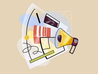 Marketing communication concept with megaphone and digital elements