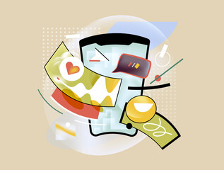 Mobile screen with chat icons, reactions and social media elements