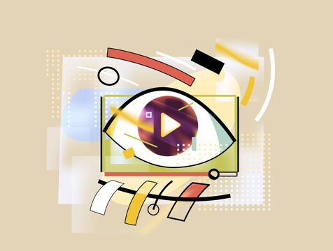 Video play icon inside eye symbol with abstract digital elements