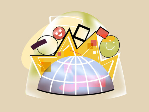 Global sphere with stars, icons and abstract social media elements