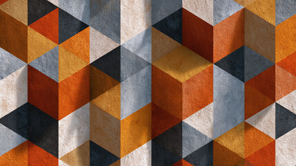 A seamless, textured geometric pattern with a mix of vibrant colors and intricate shapes. The design has a three-dimensional effect