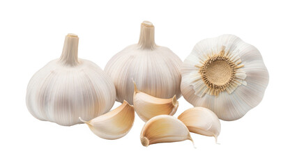Fresh garlic bulbs and cloves on a white surface isolated on transparent background