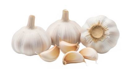Fresh garlic bulbs and cloves on a white surface isolated on transparent background