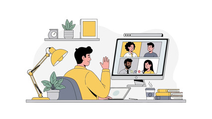 modern flat vector illustration of a man working from home
