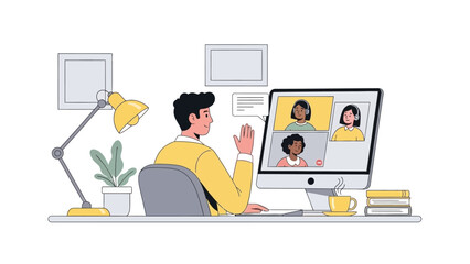 modern flat vector illustration of a man working from home
