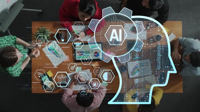 Aerial view of a diverse team collaborating in an office setting, integrating AI technology, data analytics, and creative strategies to enhance business productivity and innovation. Raster