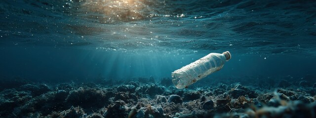 Plastic Bottle Floating Underwater in Ocean with Sunlight Rays and Coral Reef Visibility