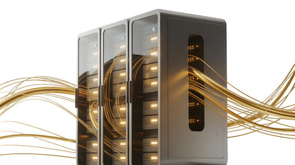 Server Racks with Golden Data Streams, Illuminated Technology, Dark Background, Cinematic Style