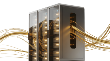 Server Racks with Golden Data Streams, Illuminated Technology, Dark Background, Cinematic Style