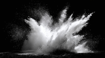 A dynamic cloud of white powder explodes against a stark black background, creating a dramatic visual impact