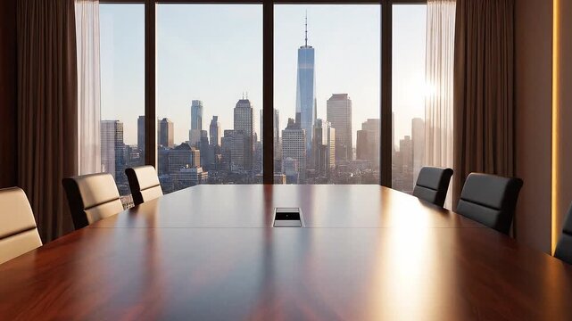 Ultra-realistic cinematic video of empty boardroom with city skyline outside, early morning light moving across table, subtle curtain motion, calm strategic mood, premium realism, 4K
