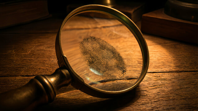 Vintage magnifying glass reveals a dark, smudged fingerprint impression examined closely under warm, dramatic lighting on an old wooden surface