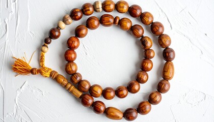 Minimalist prayer beads arranged on a white background, symbolizing spirituality, faith, meditation, and mindfulness. Ideal for religious concepts, peaceful lifestyle themes, and editorial design use.
