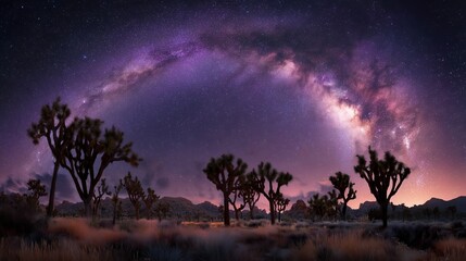 Time-lapse shot of the Milky Way arching over a cluster of giant, surreal Joshua Trees in the desert, long exposure, deep purple and black contrast, alien landscape