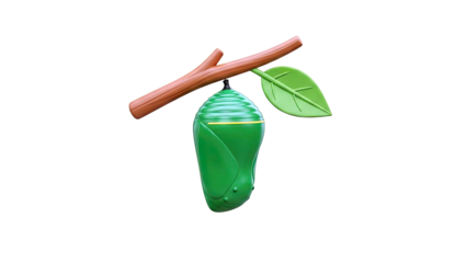 Green Chrysalis Hanging from a Branch with a Leaf