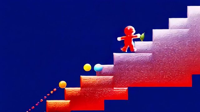 An animated character navigating vibrant, colorful platforms in a whimsical world filled with playful shapes and bouncing objects, showcasing an adventurous and fun-filled journey.
