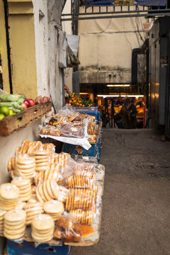 Sweet stall in narrow Tangier market street