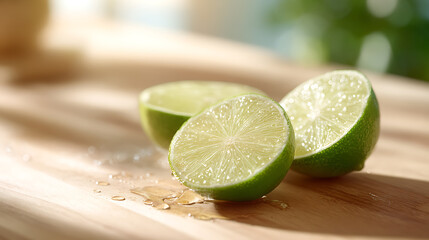 Fresh lime halves on a wooden surface with natural sunlight and soft shadows, perfect for healthy food and drink concepts.
