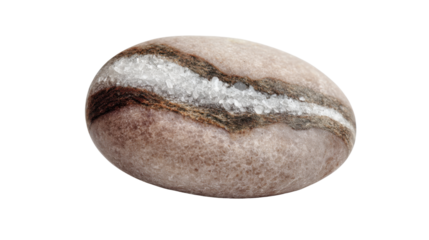 Polished banded mineral rock with crystalline inclusions revealing natural geology formation on transparent background