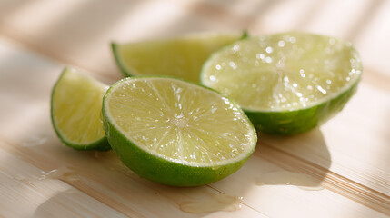 Fresh lime wedges on a light wooden surface, illuminated by natural sunlight. Perfect for food, drink, healthy lifestyle, or summer themes.
