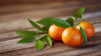 Fresh ripe tangerines with green leaves on rustic wooden table, natural daylight, horizontal composition, healthy organic fruit, juicy citrus for diet and nutrition.
