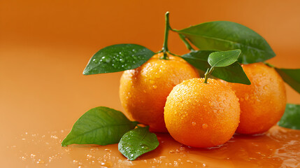Fresh ripe tangerines with green leaves on an orange background. Healthy citrus fruit with vibrant colors, perfect for food concepts and natural diet themes.
