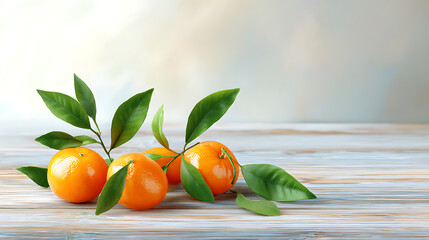 Fresh ripe tangerines with green leaves on a white wooden table. Natural daylight, copy space. Healthy organic citrus fruit background.
