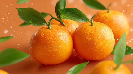 Fresh ripe tangerines with green leaves on a pastel orange background. Natural daylight, vibrant colors, healthy organic fruit, close up.
