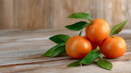 Fresh tangerines with green leaves on rustic wooden table. Juicy citrus fruits create a natural and healthy food concept.
