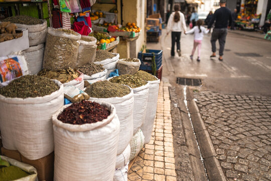 Spice sacks on sidewalk in Tangier