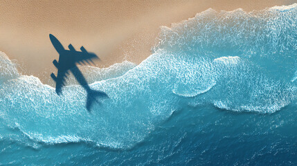 A striking aerial view of a shadow of an airplane on a pristine beach, where the waves gently caress the shoreline. The image captures the essence of travel and adventure