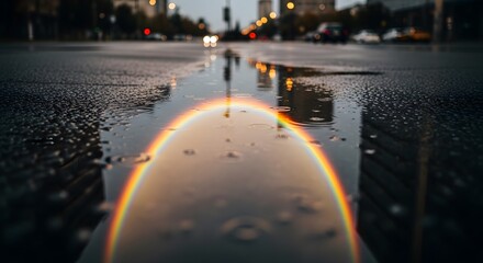 Rainbow reflection in city puddle on wet street with urban background and soft light after rainfall at dusk