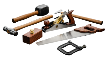 hyper-detailed flat-lay of vintage woodworking hand tools, polished steel and dark lustrous wood, resting on a dark reflective surface with a white background, concept of quality craftsmanship and