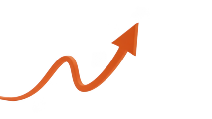 Orange wavy arrow on transparent background, hand-drawn brush stroke style, upward right direction symbol, minimal doodle icon for growth, trend, navigation, UI design
