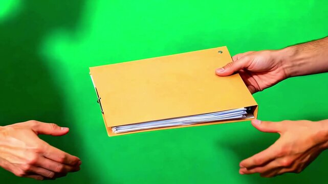Two pairs of hands exchanging a manila folder containing important documents, symbolizing the transfer of critical information or business files across a bright green backdrop.