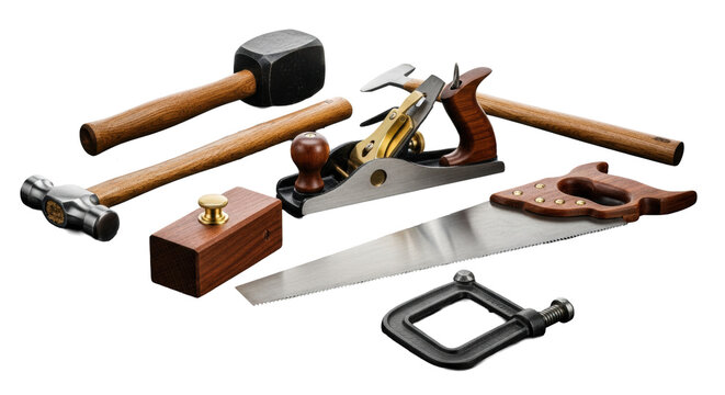 hyper-detailed flat-lay of vintage woodworking hand tools, polished steel and dark lustrous wood, resting on a dark reflective surface with a white background, concept of quality craftsmanship and