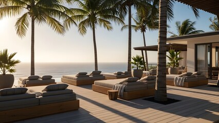 Relaxing lounge chairs on a sunny tropical beach with palm trees overlooking the turquoise Caribbean ocean at an exotic summer resort paradise