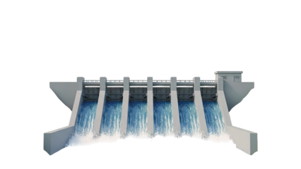 Dam with Water Flowing Through Spillways
