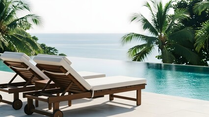 Fototapeta premium A luxury tropical resort features a swimming pool at the beach and hotel with palm trees, chairs, and tables overlooking the blue ocean sand and summer sky for a relaxing island vacation