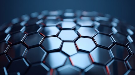 A close-up view of a hexagonal metallic structure, showcasing intricate patterns and reflections, creating a futuristic, high-tech appearance.