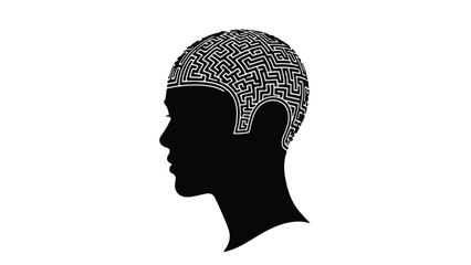 Silhouette of a head filled with a complex maze pattern, symbolizing thought and complexity.