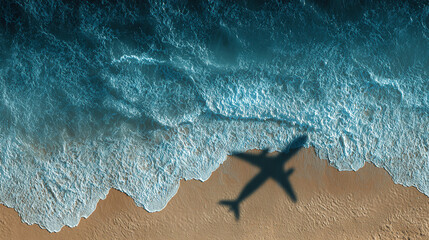 An overhead shot of an airplane's shadow over a serene ocean and sandy beach, a beautiful composition