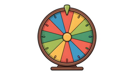 Spinning Prize Wheel with Colorful Segments and Pointer, Isolated on Black Background, Vector Illustration