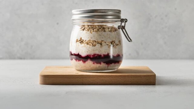 Nutritious chia pudding or oatmeal with berry jam layers in a glass jar. Professional slow tilt-down shot on a wooden board for healthy food and fitness content.