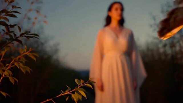 woman standing still as an owl perches briefly on a nearby branch. The owl turns its head slowly, blinks, then takes off silently. video