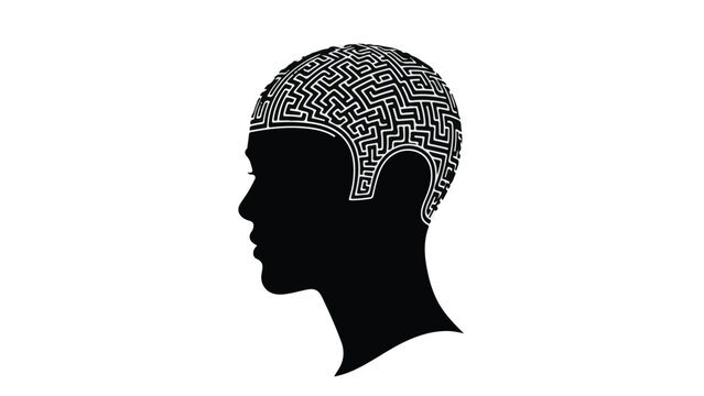 Silhouette of a head filled with a complex maze pattern, symbolizing thought and complexity. - Powered by Adobe